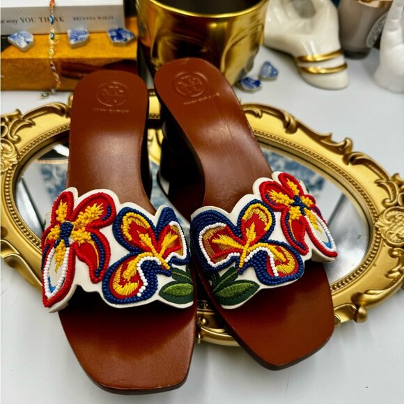 🆕 TORY BURCH 🧿 NWOT Bianca Floral Bead Embellished Slide Sandal - Ivory Multi - Picture 3 of 16